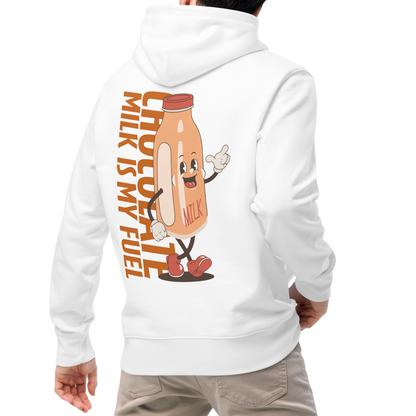 A man shown from the back wearing an organic hoodie featuring a "Chocolate Milk is My Fuel" retro cartoon milk bottle graphic on the back of a white GOTS certified sweatshirt, paired with beige pants and white sneakers, against a plain white background.
