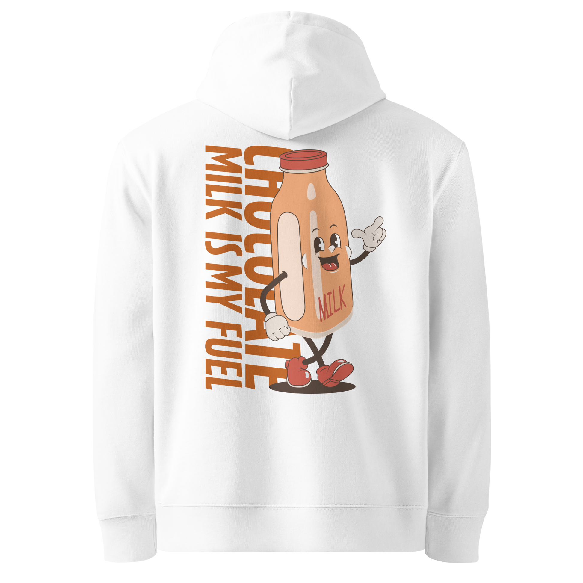 organic hoodie featuring a "Chocolate Milk is My Fuel" retro cartoon milk bottle graphic on the back of a white GOTS certified sweatshirt