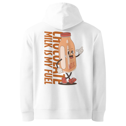 organic hoodie featuring a "Chocolate Milk is My Fuel" retro cartoon milk bottle graphic on the back of a white GOTS certified sweatshirt