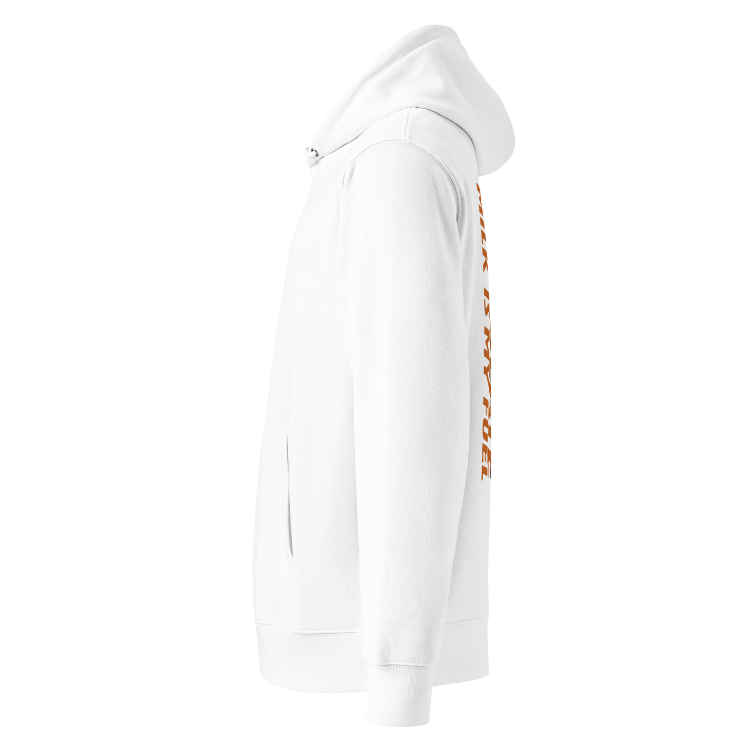 organic hoodie featuring a "Chocolate Milk is My Fuel" retro cartoon milk bottle graphic on the back of a white GOTS certified sweatshirt shown from the left side