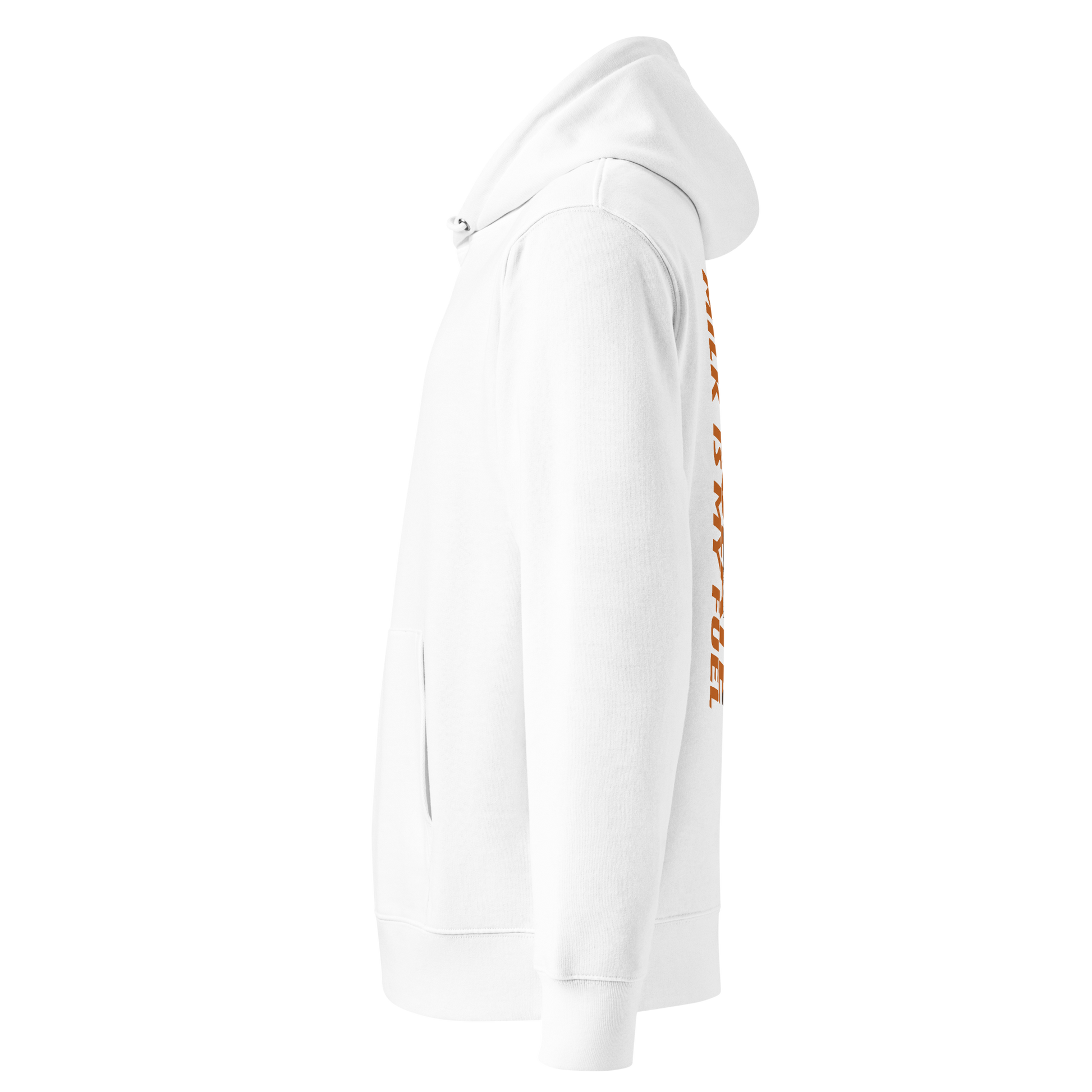 organic hoodie featuring a "Chocolate Milk is My Fuel" retro cartoon milk bottle graphic on the back of a white GOTS certified sweatshirt shown from the left side