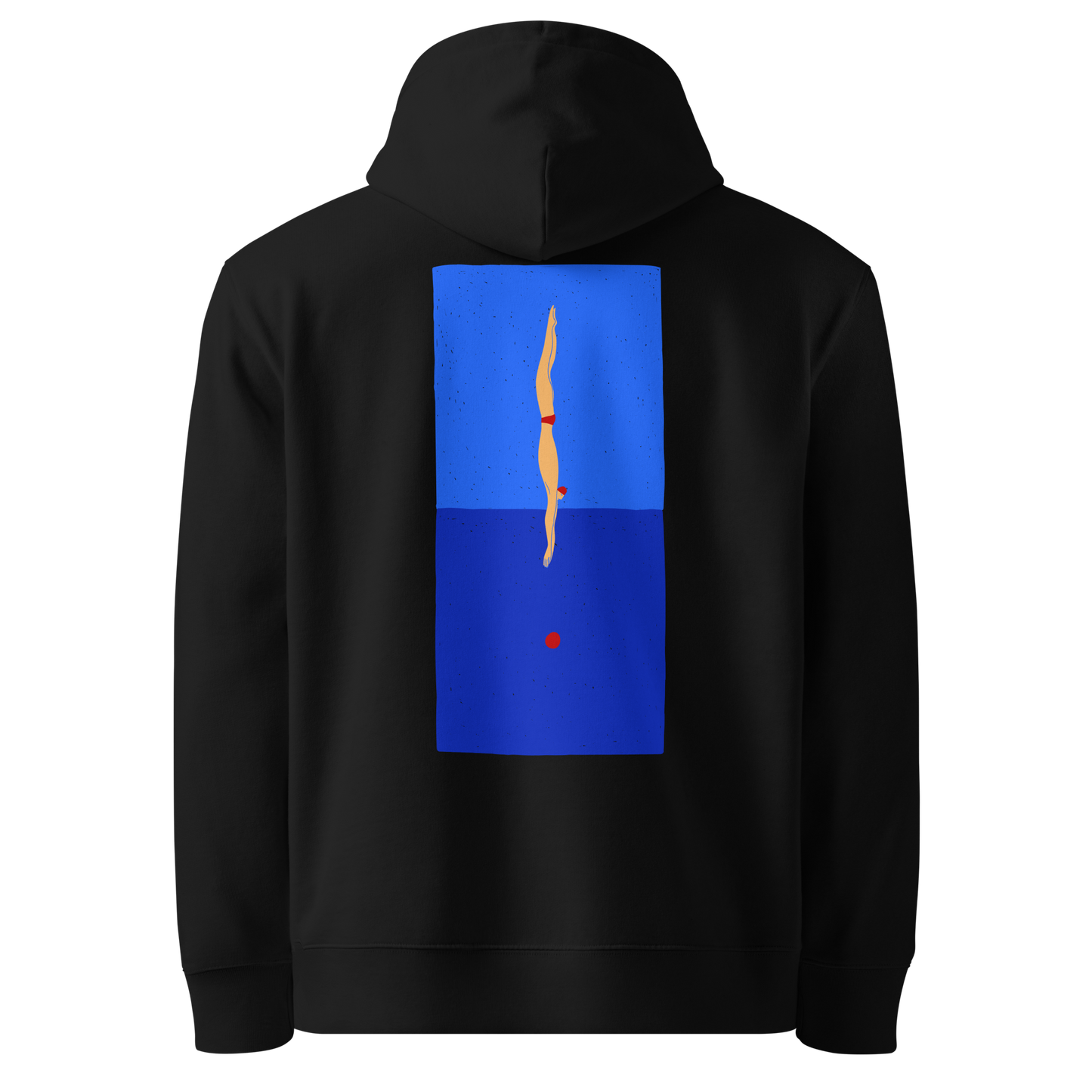 organic hoodie in black with blue back graphic showing a swimmer diving into water, designed by Lane Line Threads for post-swim comfort