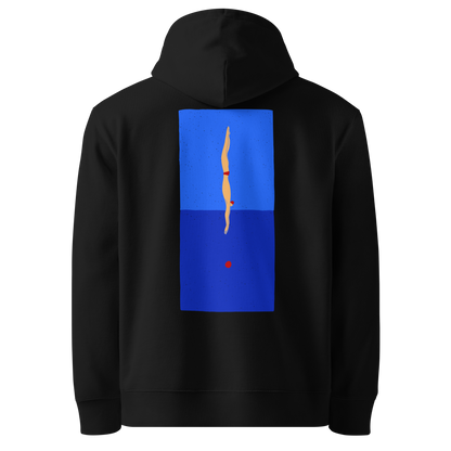 organic hoodie in black with blue back graphic showing a swimmer diving into water, designed by Lane Line Threads for post-swim comfort