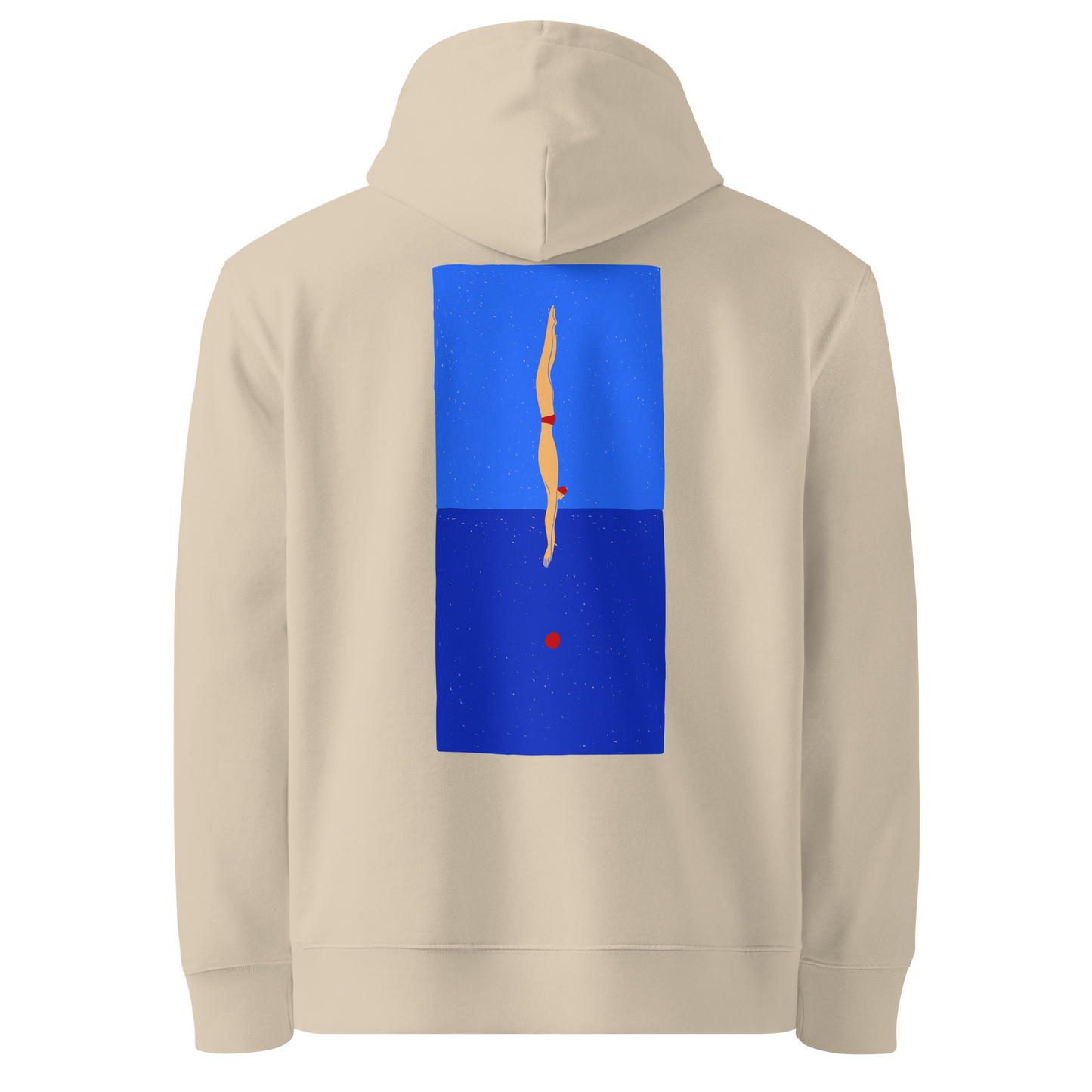 organic hoodie in beige with blue back graphic showing a swimmer diving into water, designed by Lane Line Threads for post-swim comfort