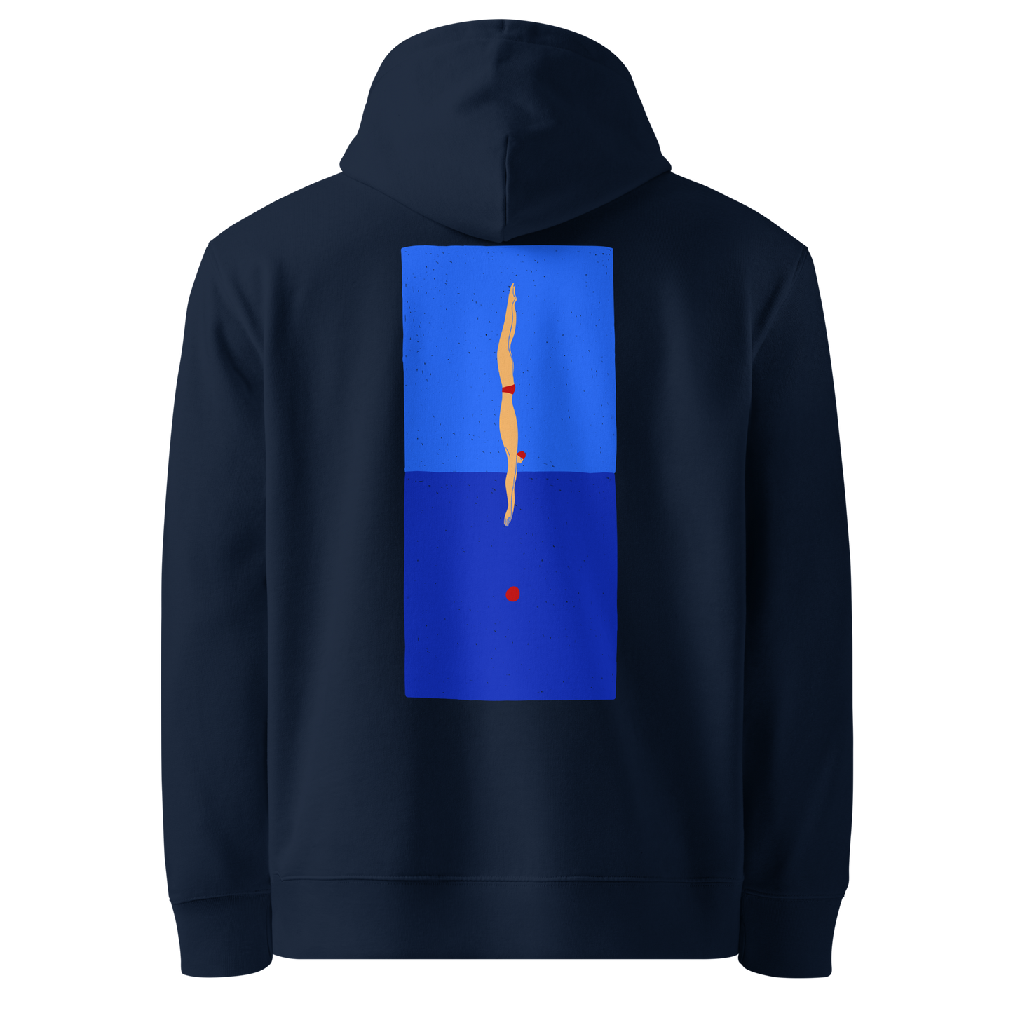 organic hoodie in navy blue with blue back graphic showing a swimmer diving into water, designed by Lane Line Threads for post-swim comfort