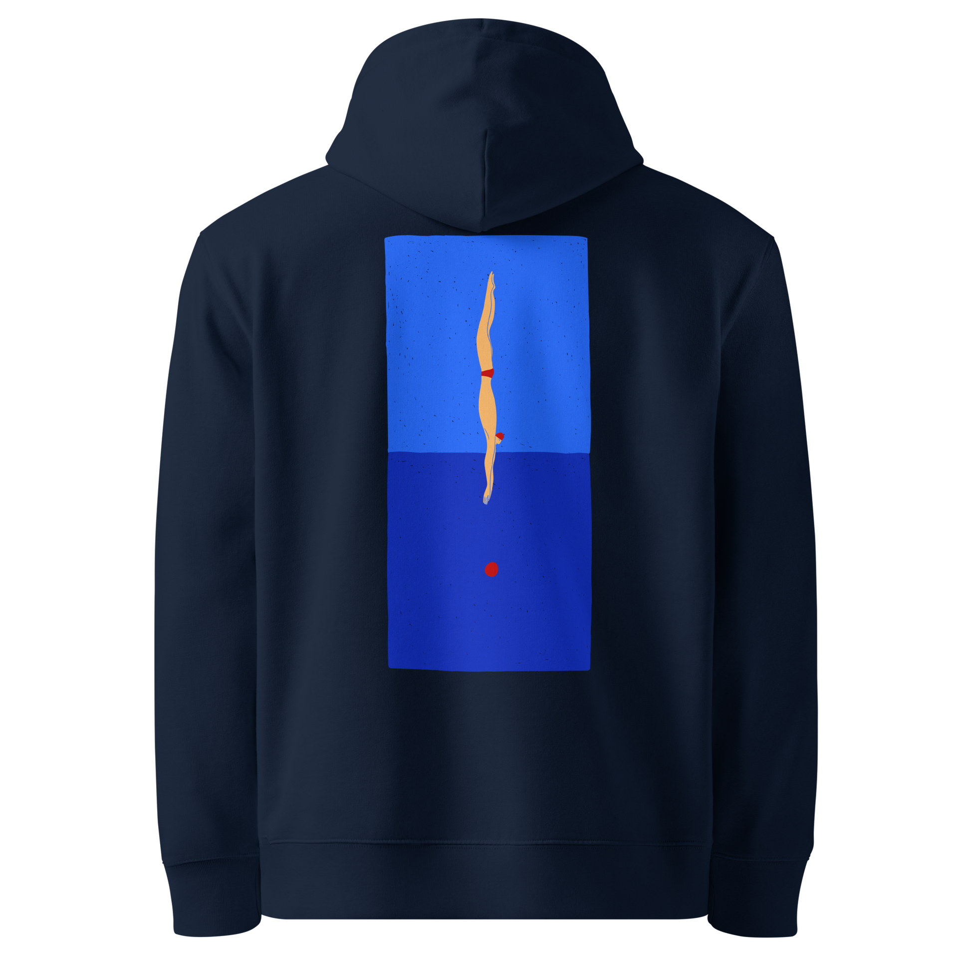 organic hoodie in navy blue with blue back graphic showing a swimmer diving into water, designed by Lane Line Threads for post-swim comfort