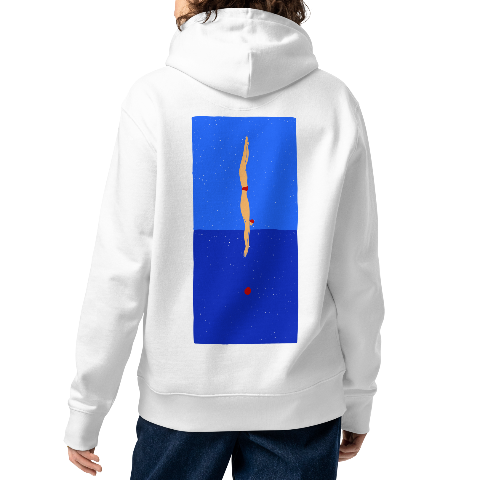 A female person shown from the back wearing an organic hoodie in white with blue back graphic showing a swimmer diving into water, designed by Lane Line Threads for post-swim comfort