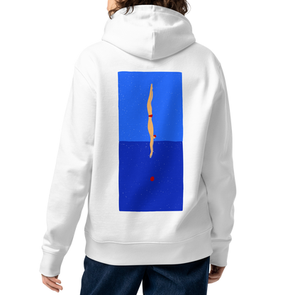 A female person shown from the back wearing an organic hoodie in white with blue back graphic showing a swimmer diving into water, designed by Lane Line Threads for post-swim comfort
