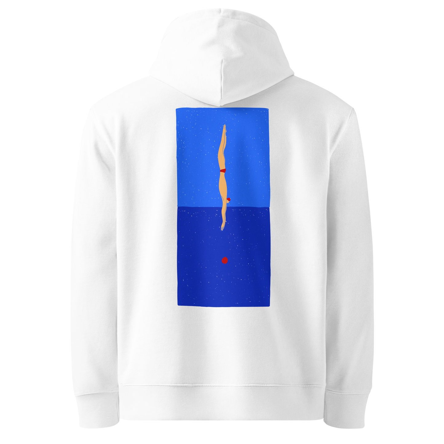 organic hoodie in white with blue back graphic showing a swimmer diving into water, designed by Lane Line Threads for post-swim comfort