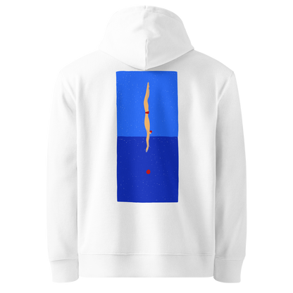 organic hoodie in white with blue back graphic showing a swimmer diving into water, designed by Lane Line Threads for post-swim comfort