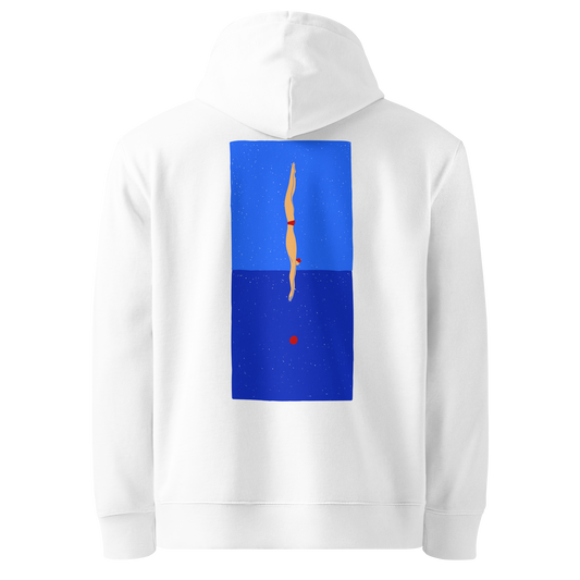 organic hoodie in white with blue back graphic showing a swimmer diving into water, designed by Lane Line Threads for post-swim comfort