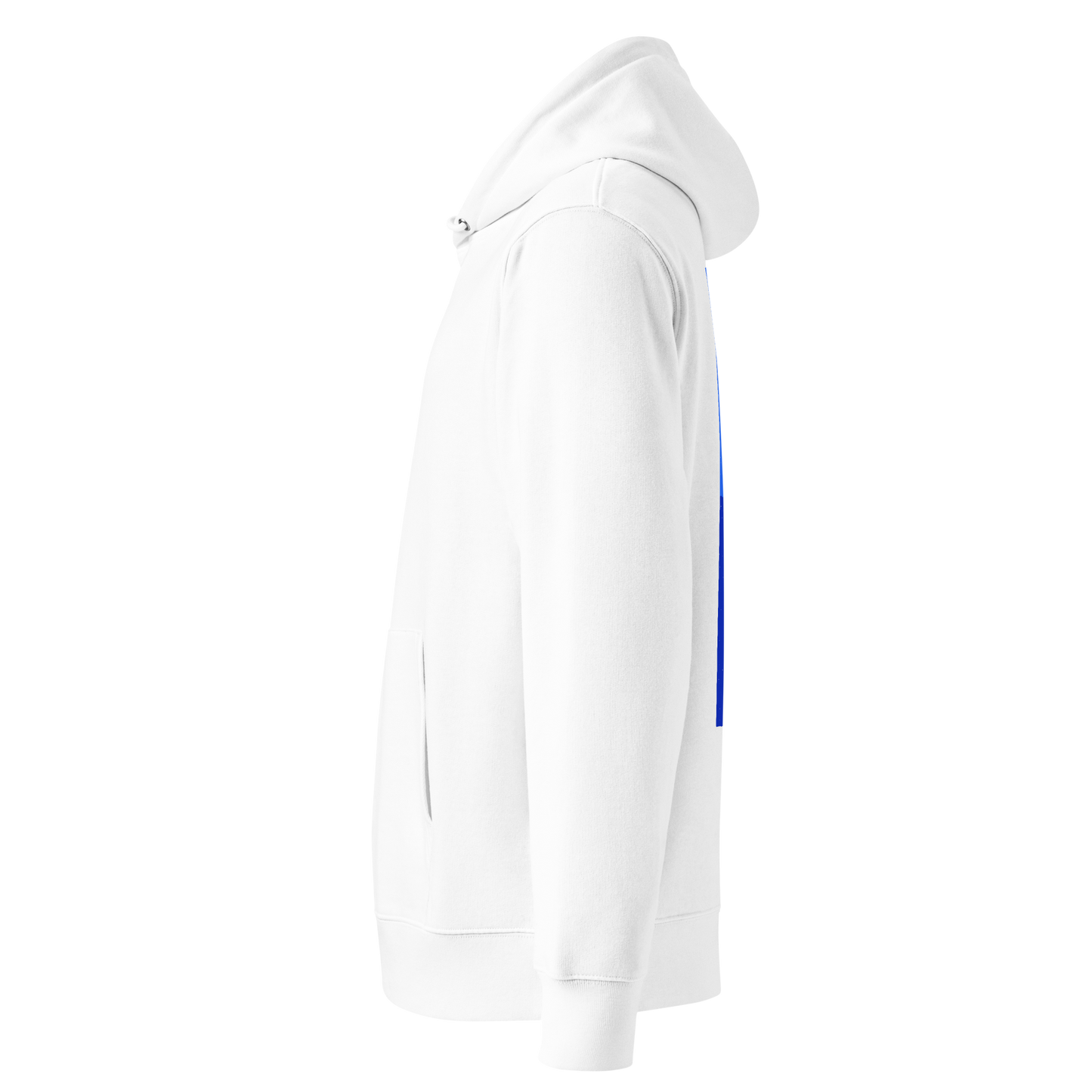 organic hoodie in white with blue back graphic showing a swimmer diving into water, designed by Lane Line Threads for post-swim comfort shown from the left side