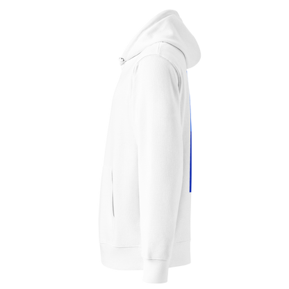 organic hoodie in white with blue back graphic showing a swimmer diving into water, designed by Lane Line Threads for post-swim comfort shown from the left side