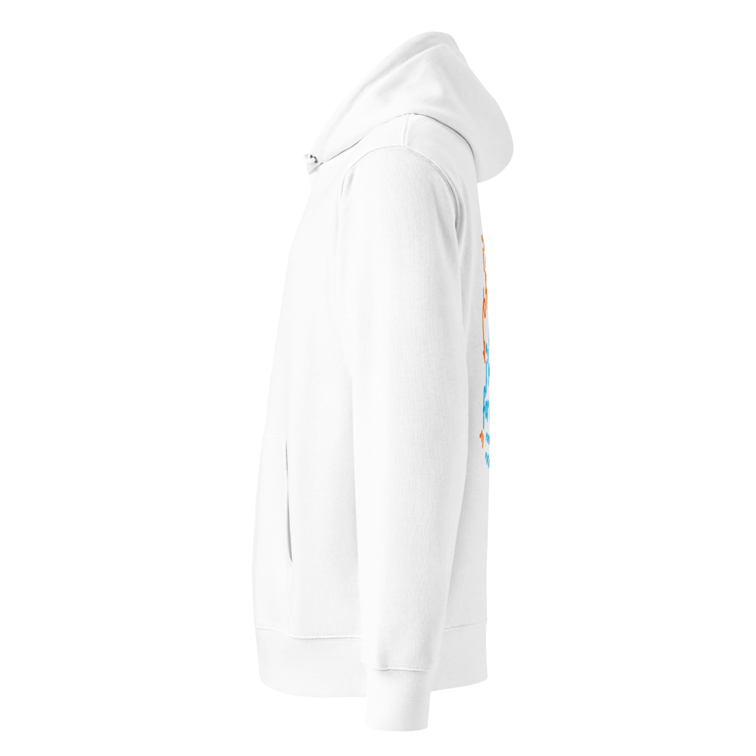 Organic hoodie in white by Lane Line Threads with “i’m not here for a sprint, i’m here for motion!” swim graphic in blue and orange for recreational swimmers shown from the left side