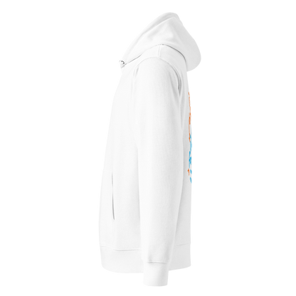 Organic hoodie in white by Lane Line Threads with “i’m not here for a sprint, i’m here for motion!” swim graphic in blue and orange for recreational swimmers shown from the left side