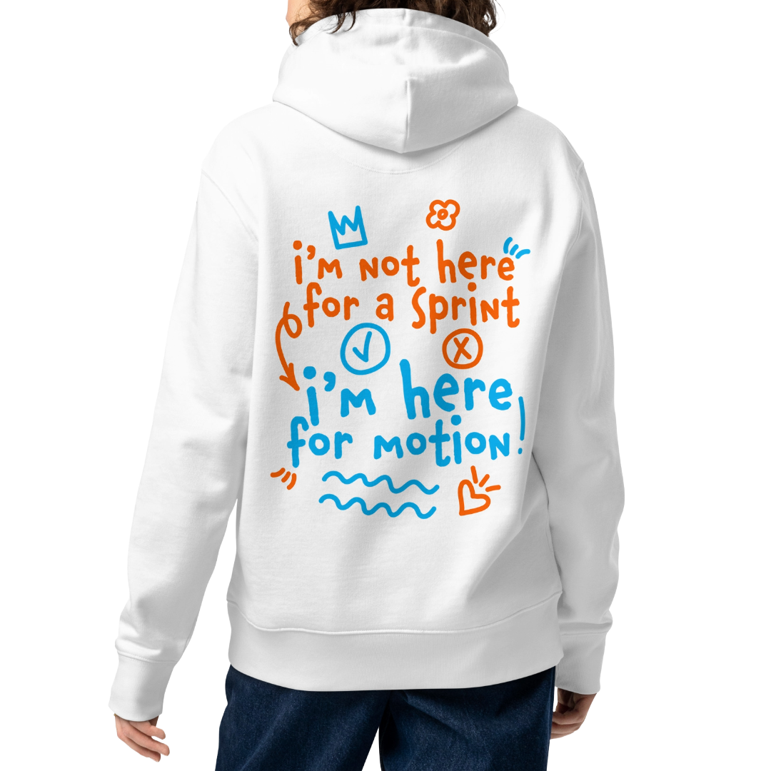 A woman shown from the back wearing an organic hoodie in beige by Lane Line Threads with “I’m not here for a sprint I’m here for motion!” swim graphic in blue and orange for recreational swimmers