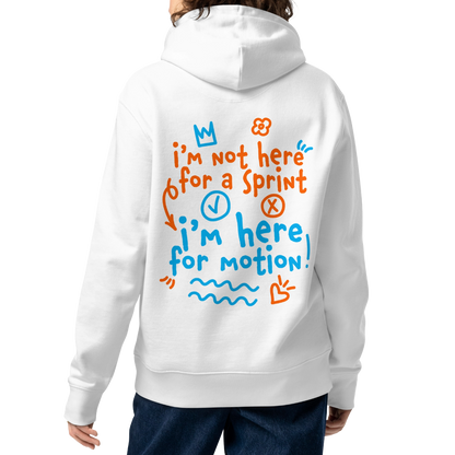 A woman shown from the back wearing an organic hoodie in beige by Lane Line Threads with “I’m not here for a sprint I’m here for motion!” swim graphic in blue and orange for recreational swimmers