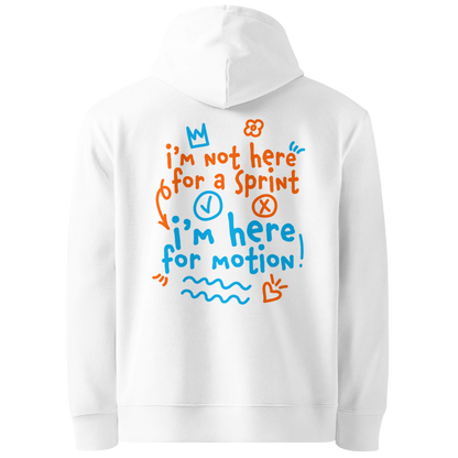 Organic hoodie in white by Lane Line Threads with “I’m not here for a sprint I’m here for motion!” swim graphic in blue and orange for recreational swimmers.