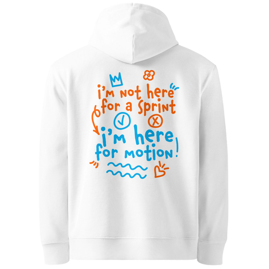 Organic hoodie in white by Lane Line Threads with “I’m not here for a sprint I’m here for motion!” swim graphic in blue and orange for recreational swimmers.