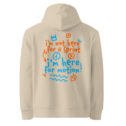 Organic hoodie in beige by Lane Line Threads with “I’m not here for a sprint I’m here for motion!” swim graphic in blue and orange for recreational swimmers.