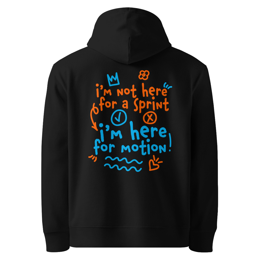 Organic hoodie in black by Lane Line Threads with “I’m not here for a sprint I’m here for motion!” swim graphic in blue and orange for recreational swimmers.