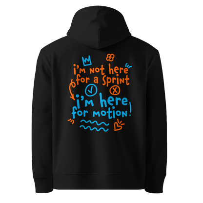 Organic hoodie in black by Lane Line Threads with “I’m not here for a sprint I’m here for motion!” swim graphic in blue and orange for recreational swimmers.