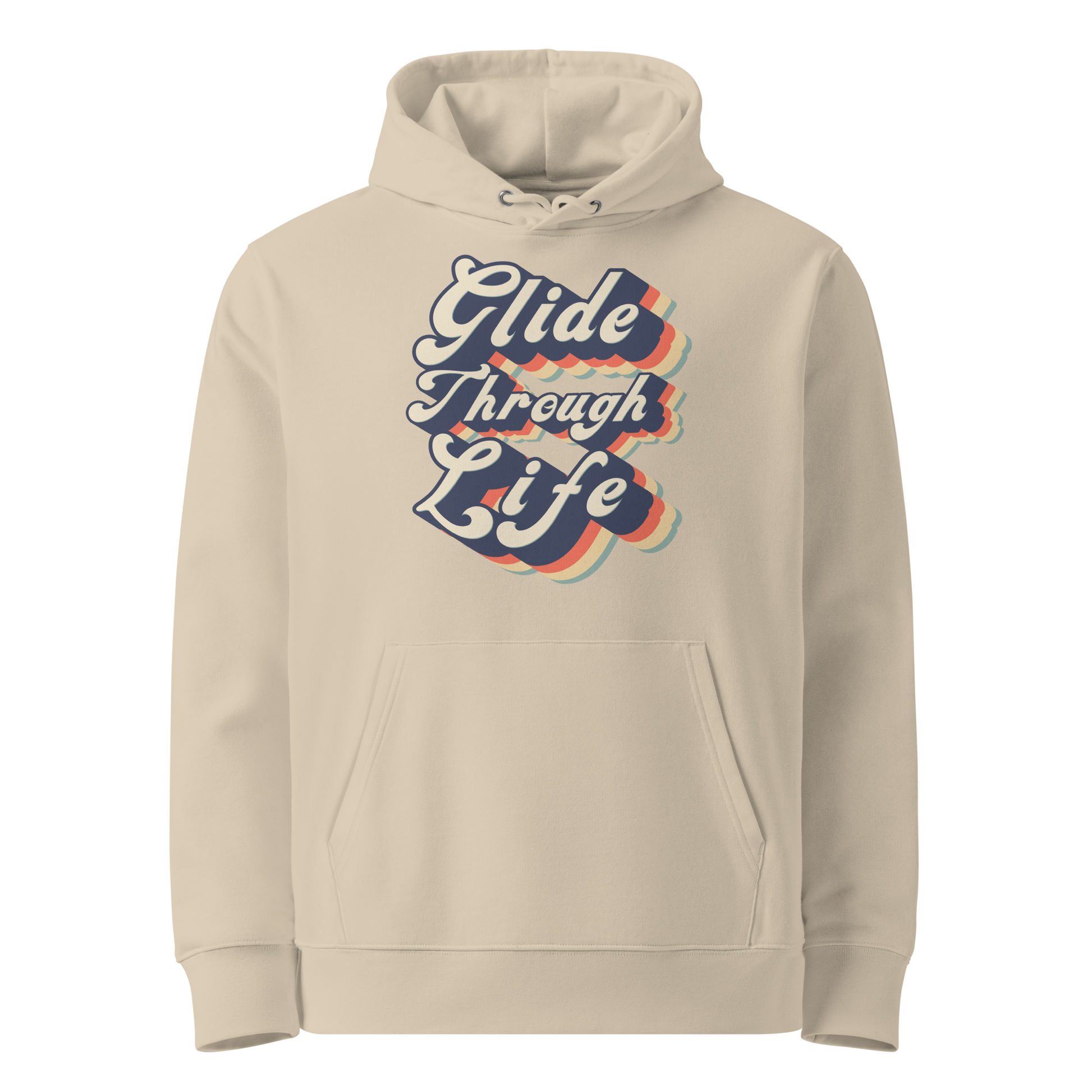 organic hoodie with "Glide Through Life" retro 3D typography on beige GOTS and OCS certified cotton, designed for swimmer recovery
