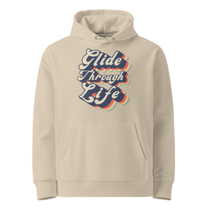 organic hoodie with "Glide Through Life" retro 3D typography on beige GOTS and OCS certified cotton, designed for swimmer recovery
