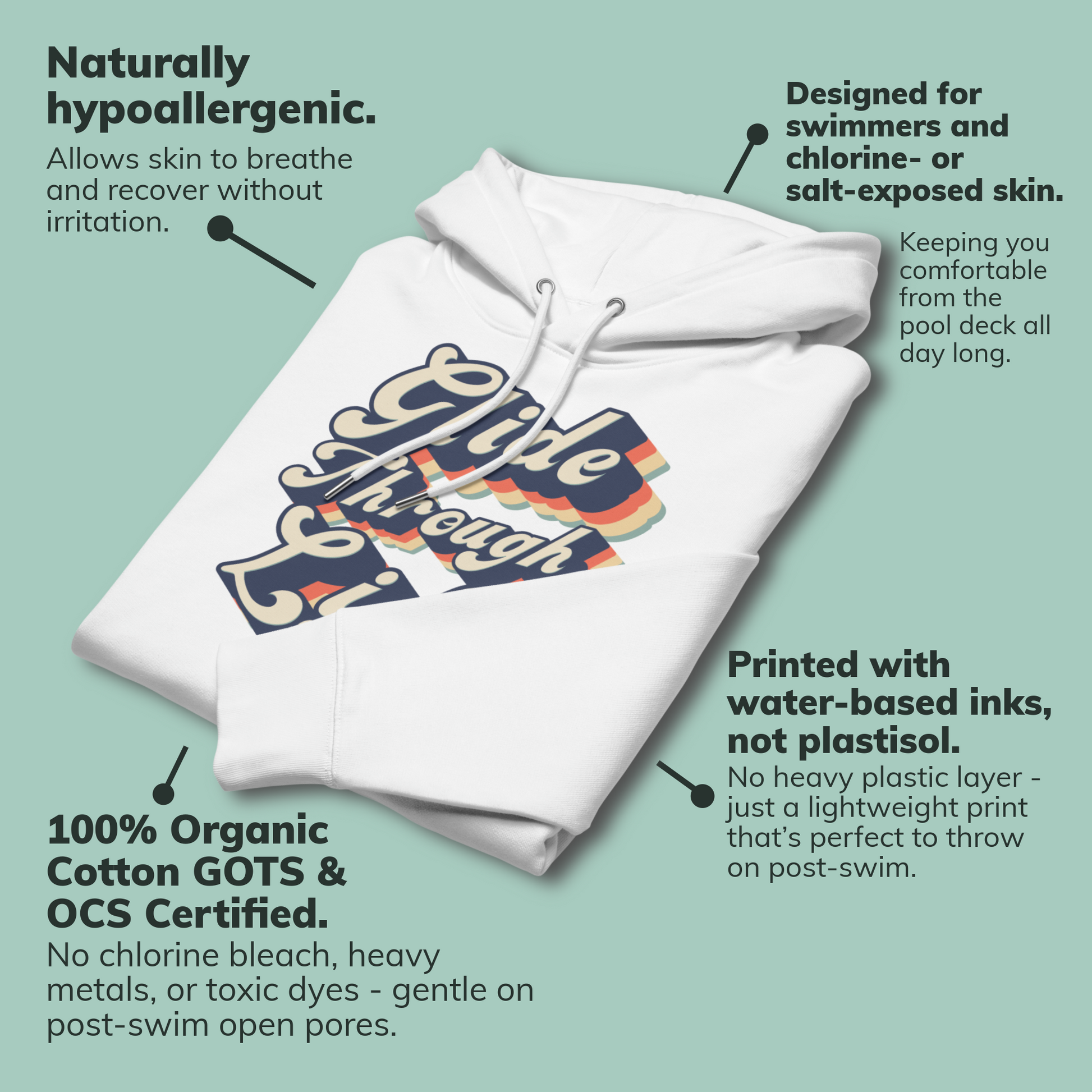 A folded organic hoodie with "Glide Through Life" retro 3D typography on white GOTS and OCS certified cotton, designed for swimmer recovery shown on a pale green background with descriptive callout text around it