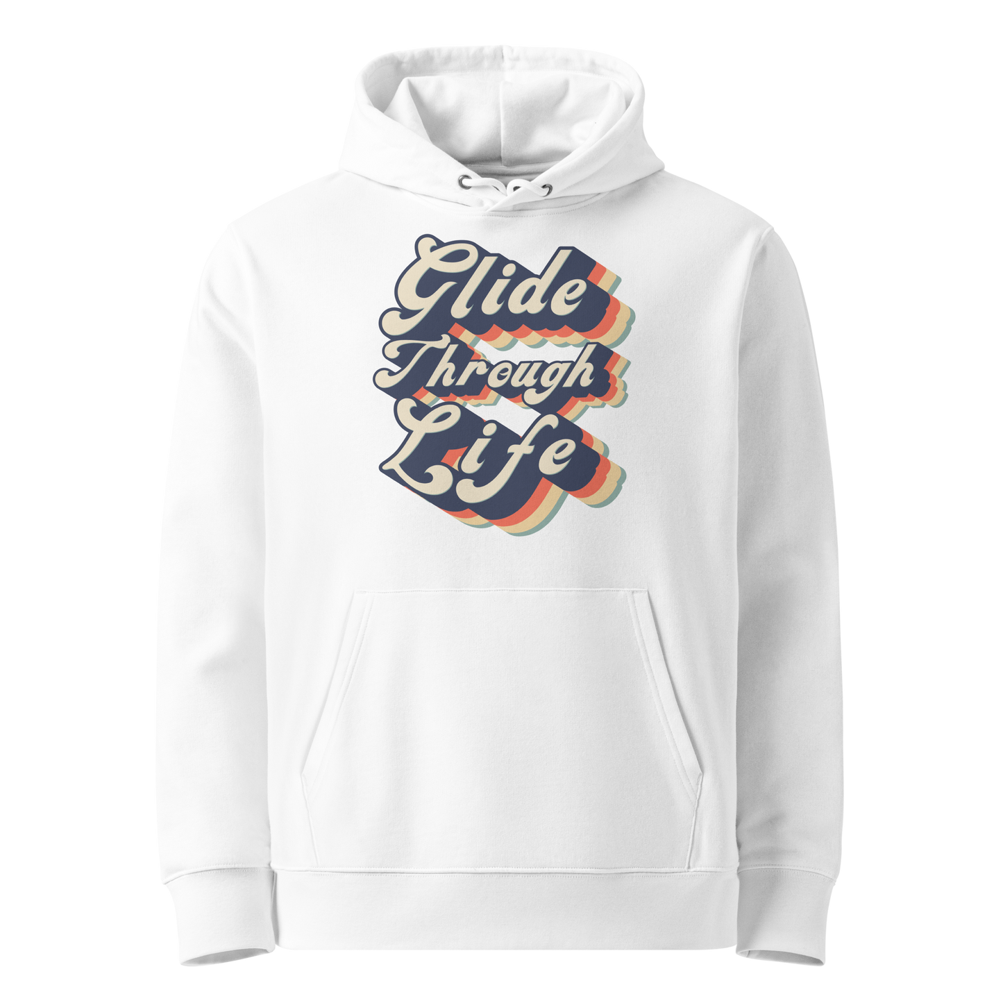 organic hoodie with "Glide Through Life" retro 3D typography on white GOTS and OCS certified cotton, designed for swimmer recovery
