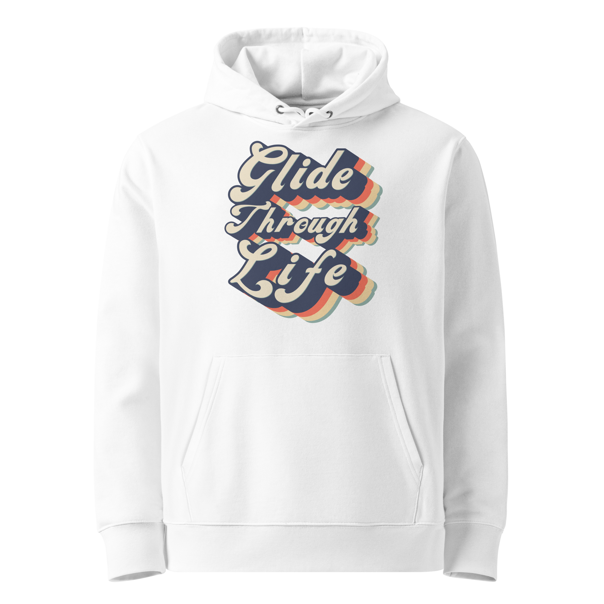 organic hoodie with "Glide Through Life" retro 3D typography on white GOTS and OCS certified cotton, designed for swimmer recovery