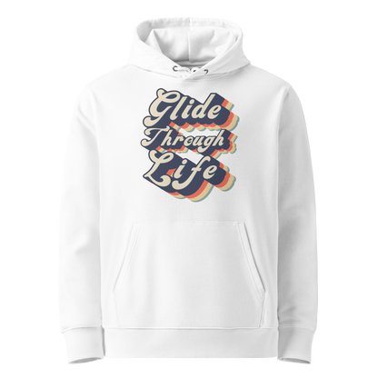 organic hoodie with "Glide Through Life" retro 3D typography on white GOTS and OCS certified cotton, designed for swimmer recovery