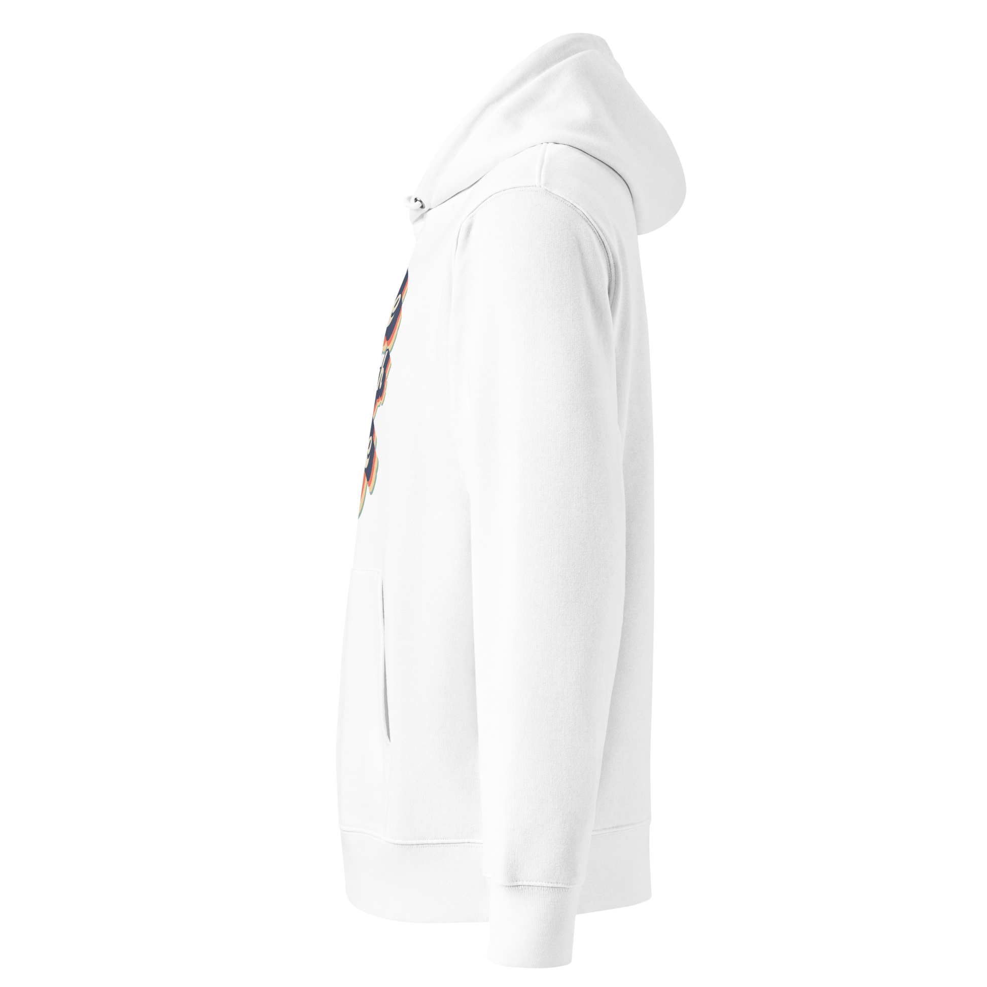 organic hoodie with "Glide Through Life" retro 3D typography on white GOTS and OCS certified cotton, designed for swimmer recovery shown from the left side
