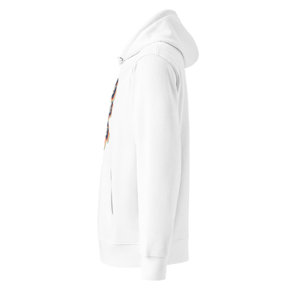 organic hoodie with "Glide Through Life" retro 3D typography on white GOTS and OCS certified cotton, designed for swimmer recovery shown from the left side