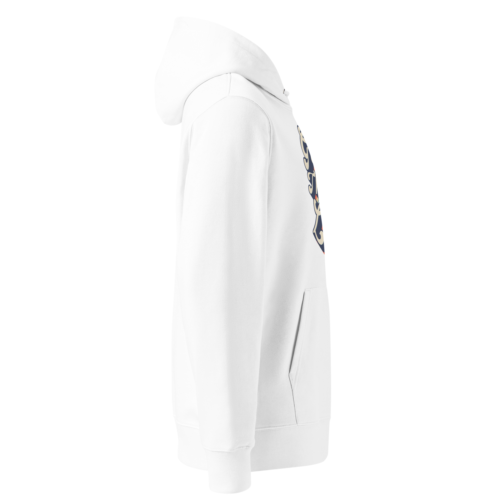 organic hoodie with "Glide Through Life" retro 3D typography on white GOTS and OCS certified cotton, designed for swimmer recovery shown from the right side