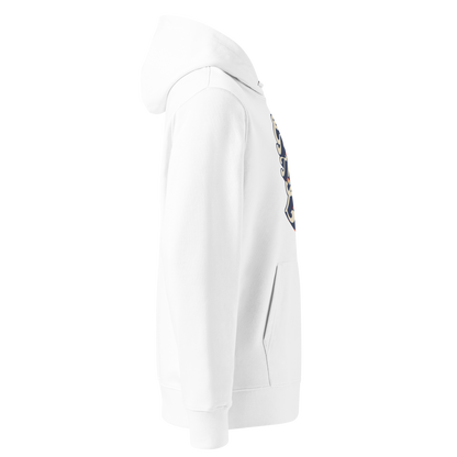organic hoodie with "Glide Through Life" retro 3D typography on white GOTS and OCS certified cotton, designed for swimmer recovery shown from the right side