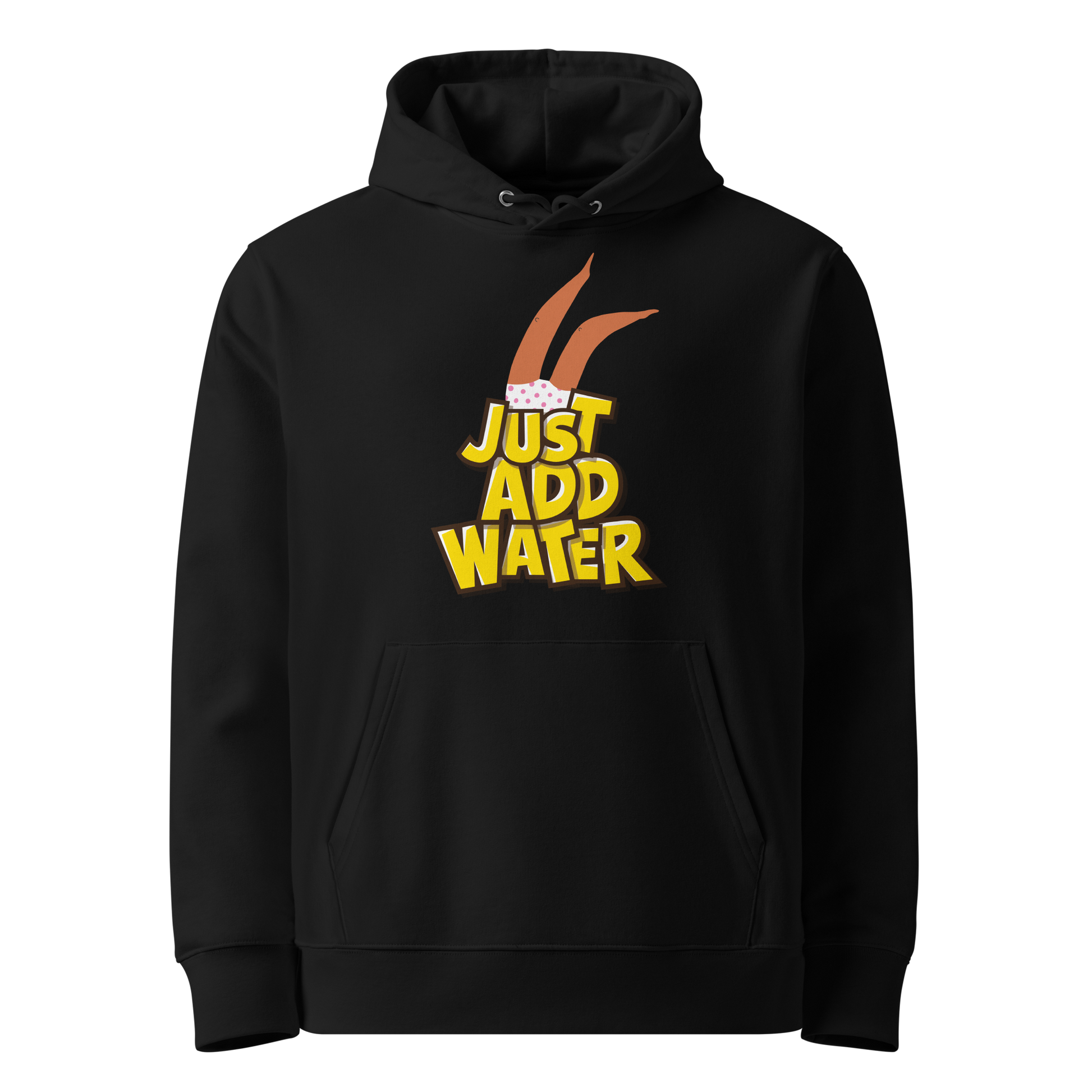 organic hoodie featuring a "Just Add Water" graphic with synchronized swimming legs on black GOTS certified organic cotton.