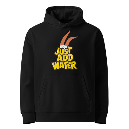 organic hoodie featuring a "Just Add Water" graphic with synchronized swimming legs on black GOTS certified organic cotton.