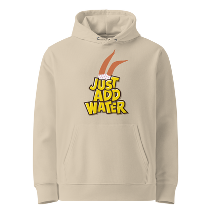 organic hoodie featuring a "Just Add Water" graphic with synchronized swimming legs on beige GOTS certified organic cotton.