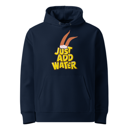 organic hoodie featuring a "Just Add Water" graphic with synchronized swimming legs on navy blue GOTS certified organic cotton.