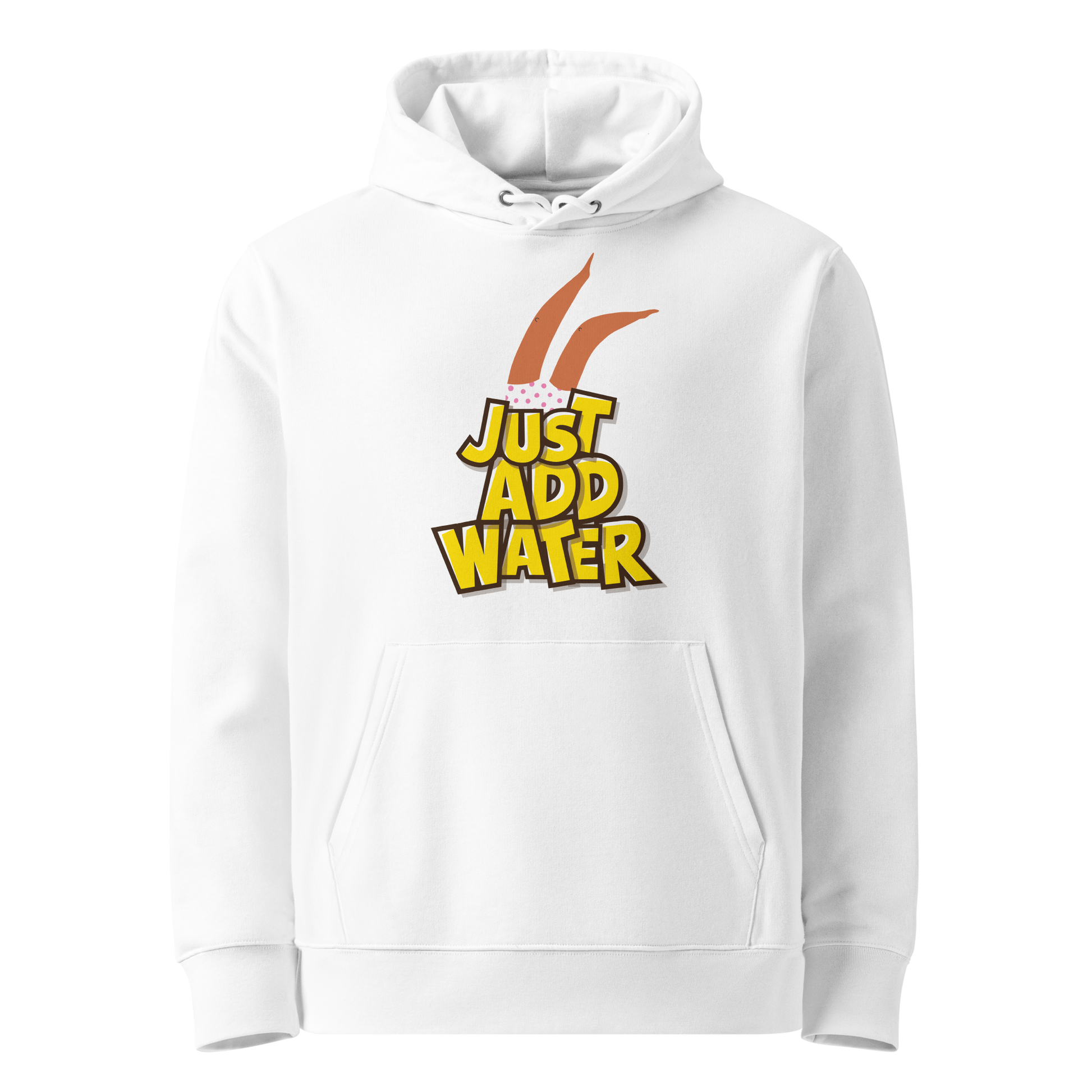 organic hoodie featuring a "Just Add Water" graphic with diving swimming legs on white GOTS certified organic cotton.