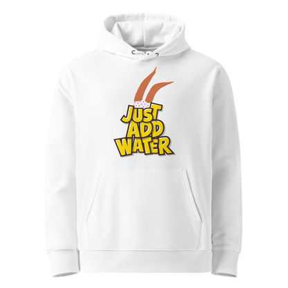 organic hoodie featuring a "Just Add Water" graphic with diving swimming legs on white GOTS certified organic cotton.