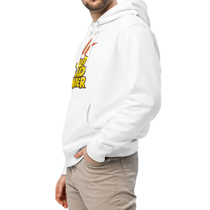 A man wearing an organic hoodie featuring a "Just Add Water" graphic with synchronized swimming legs on white GOTS certified organic cotton paired with beige pants, photographed against a solid white background.