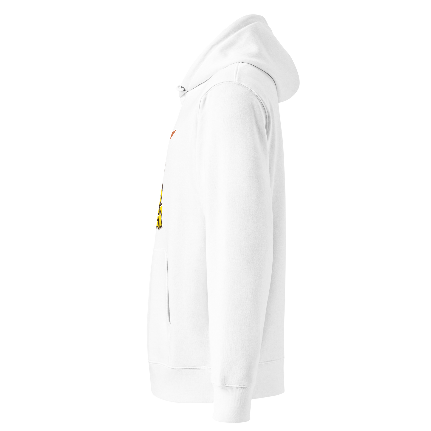 organic hoodie featuring a "Just Add Water" graphic with synchronized swimming legs on white GOTS certified organic cotton shown from the left side