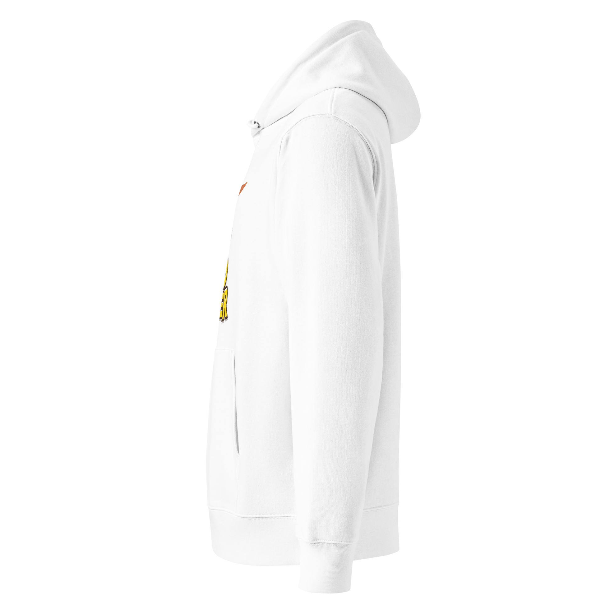 organic hoodie featuring a "Just Add Water" graphic with synchronized swimming legs on white GOTS certified organic cotton shown from the left side