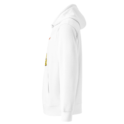 organic hoodie featuring a "Just Add Water" graphic with synchronized swimming legs on white GOTS certified organic cotton shown from the left side