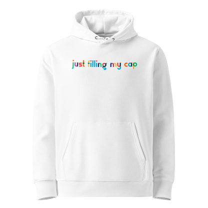 Organic hoodie in white by Lane Line Threads with colorful “just filling my cap” text on the chest, made from GOTS and OCS certified organic cotton.