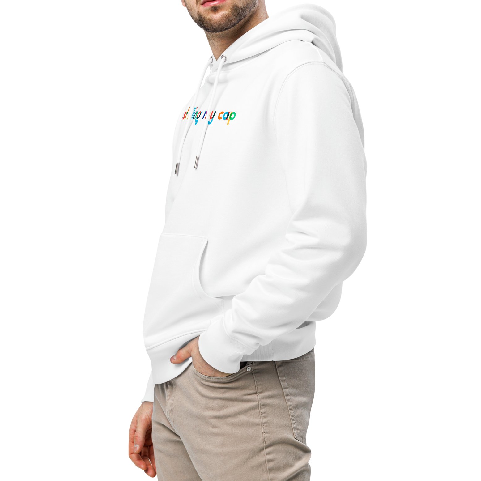 Man wearing an Organic hoodie in white by Lane Line Threads with colorful “just filling my cap” text on the chest, made from GOTS and OCS certified organic cotton showing left side of the product