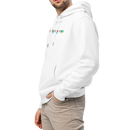 Man wearing an Organic hoodie in white by Lane Line Threads with colorful “just filling my cap” text on the chest, made from GOTS and OCS certified organic cotton showing left side of the product