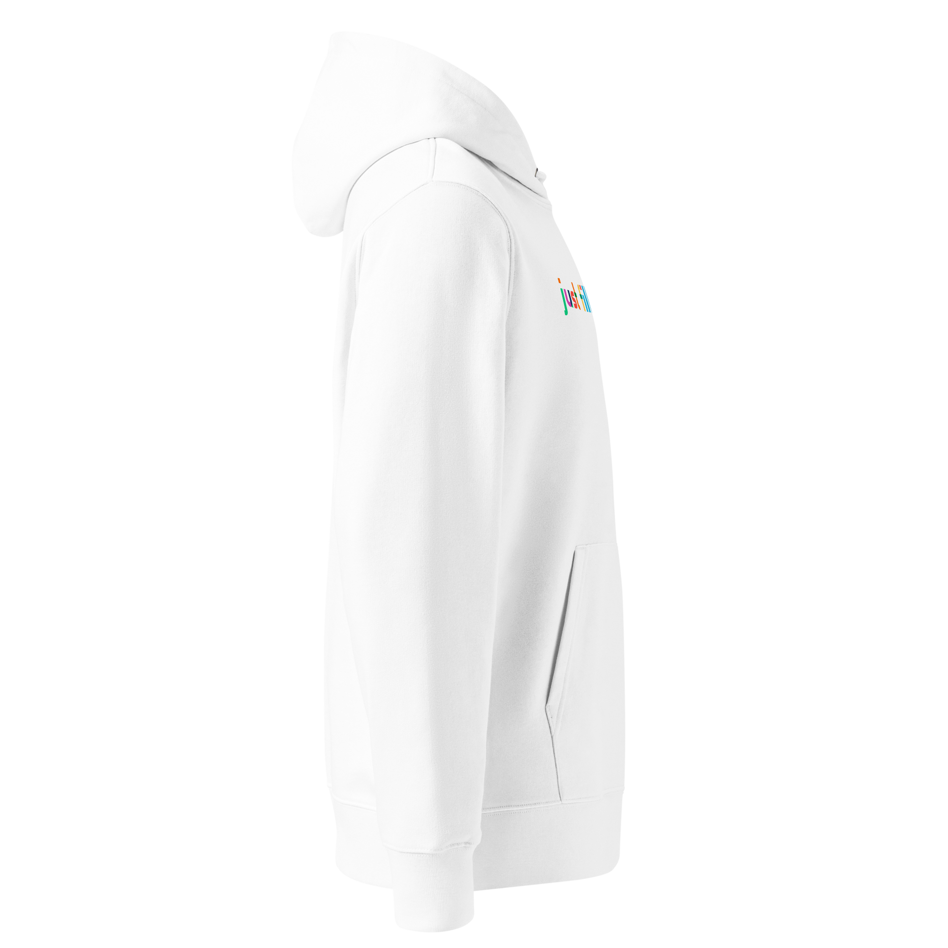 Organic hoodie in white by Lane Line Threads with colorful “just filling my cap” text on the chest, made from GOTS and OCS certified organic cotton showed from the right side